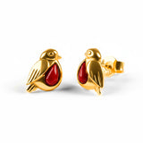Miniature Robin Stud Earrings in Silver with 24ct Gold and Coral