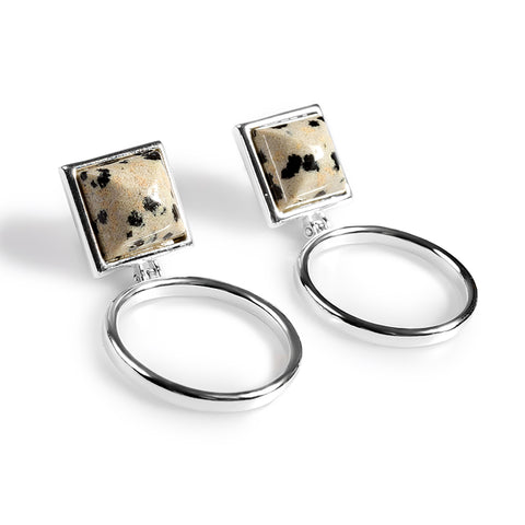 Circle Drop Earrings in Dalmatian Jasper and Silver