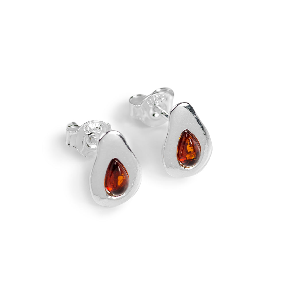 Avocado Stud Earrings in Silver and Green Amber