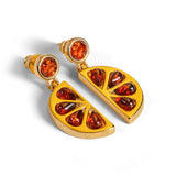 Orange Slice Fruit Drop Earrings in Silver with 24ct Gold and Cognac Amber