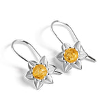 Daffodil Flower Hook Earrings in Silver and Yellow Amber