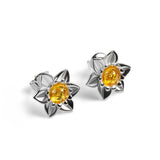 Daffodil Flower Stud Earrings in Silver and Yellow Amber