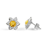 Daffodil Flower Stud Earrings in Silver and Yellow Amber