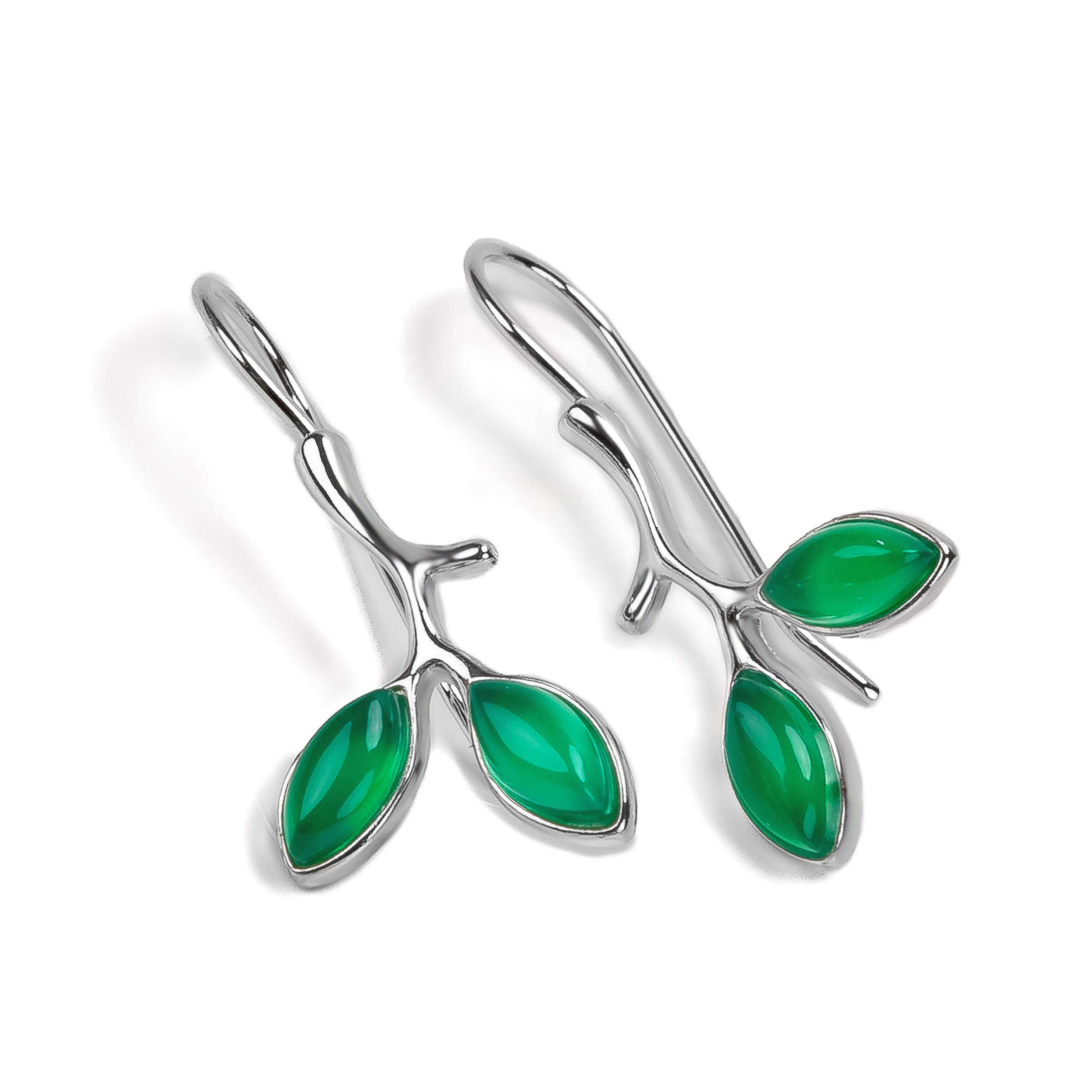 Simple Olive Leaf Branch Hook Earrings in Silver with 24ct Gold & Green Onyx