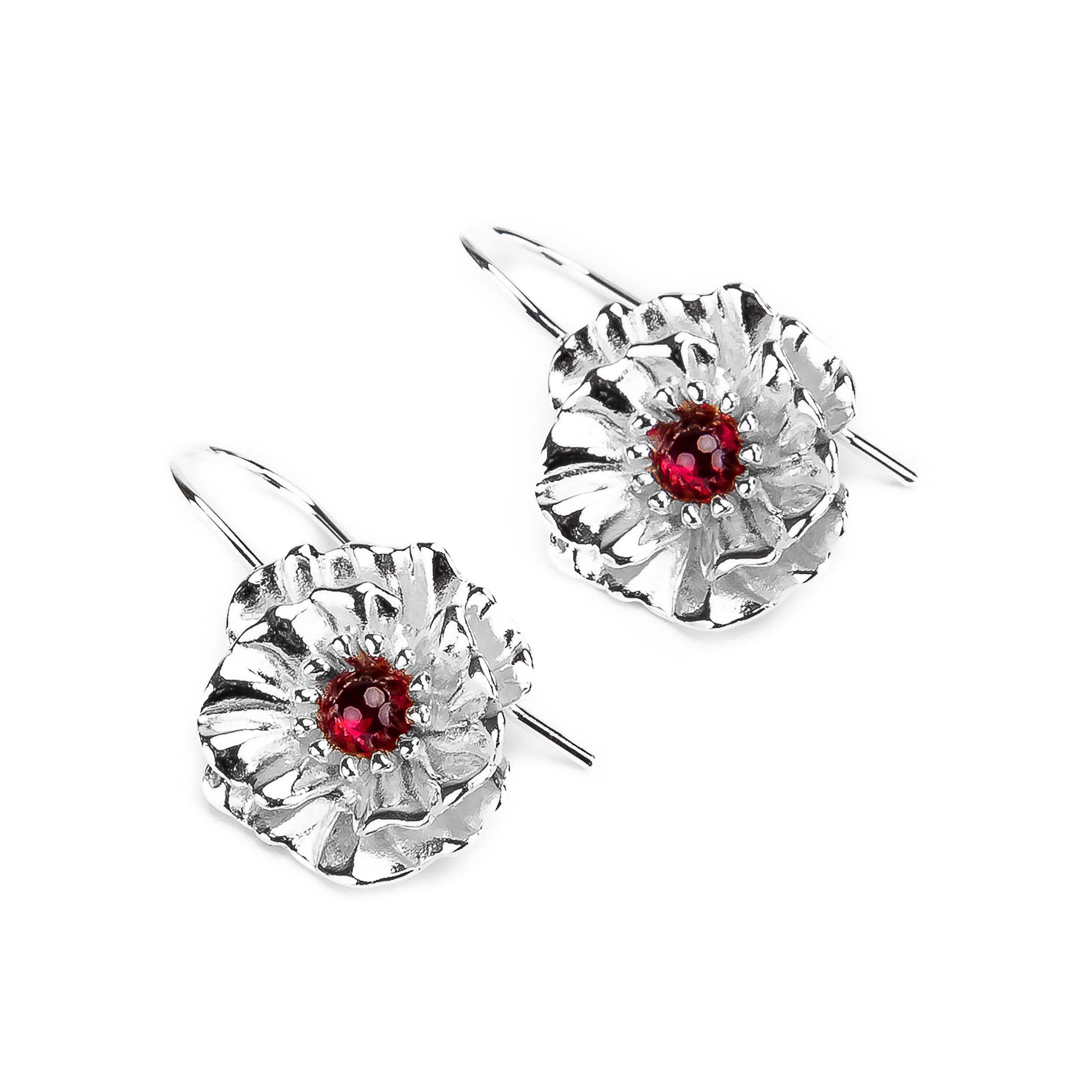 Poppy Flower Drop Earrings in Silver with 24ct Gold and Garnet