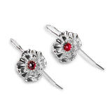 Poppy Flower Long Hook Earrings in Silver and Garnet