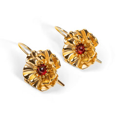 Poppy Flower Drop Earrings in Silver with 24ct Gold and Garnet