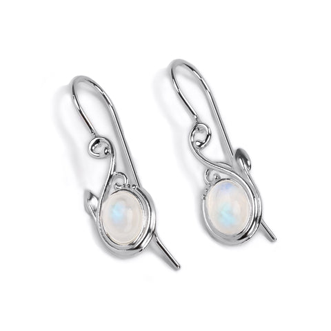 Leaf Motif Hook Earrings in Silver and Moonstone