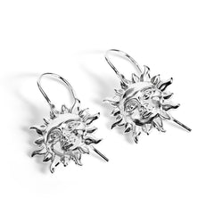 'Sun of May' Sun Face Hook Earrings in Silver