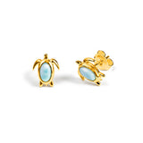 Turtle Stud Earrings in Silver with 24ct Gold & Larimar