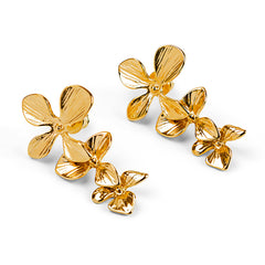 Trio of Orchids Flower Drop Earrings in Silver with 24ct Gold