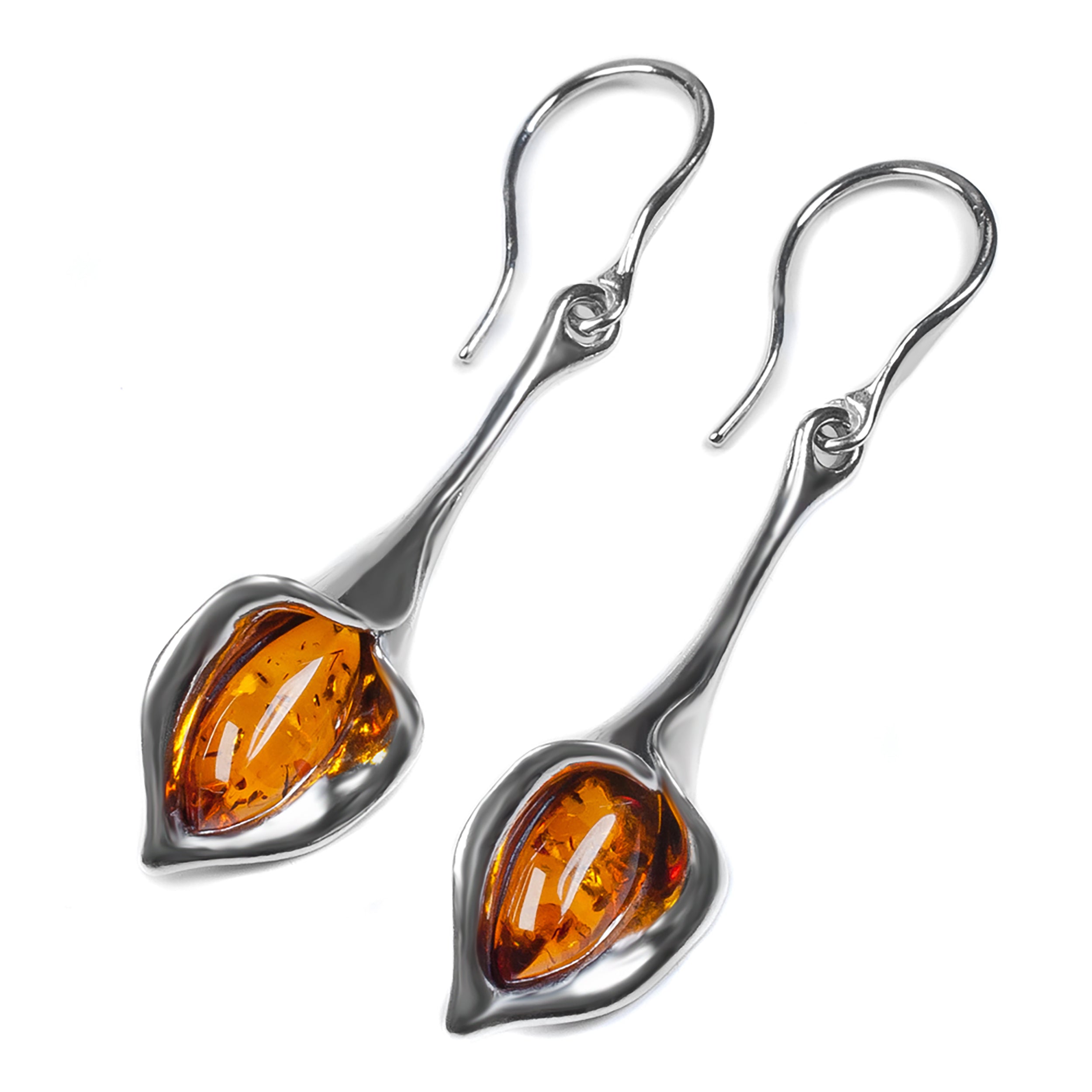 Lily Flower Drop Earrings in Silver with 24ct Gold & Amber