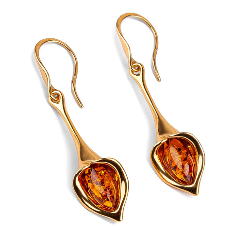 Lily Flower Drop Earrings in Silver with 24ct Gold & Amber
