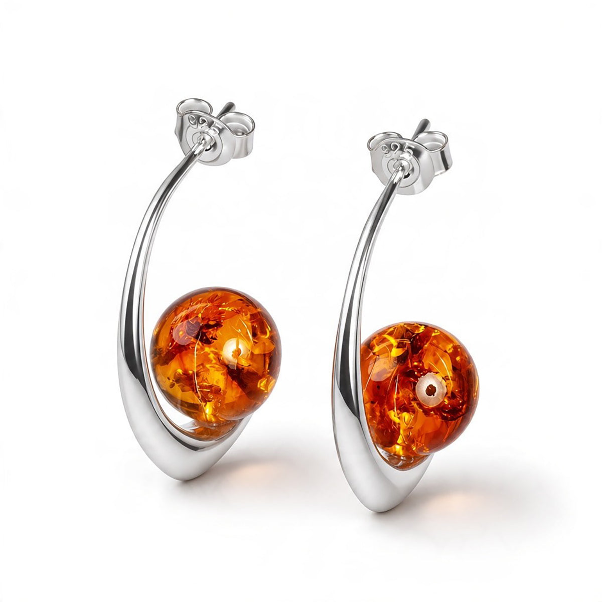 Single Stone Sphere Hoops Silver with 24ct Gold and Amber