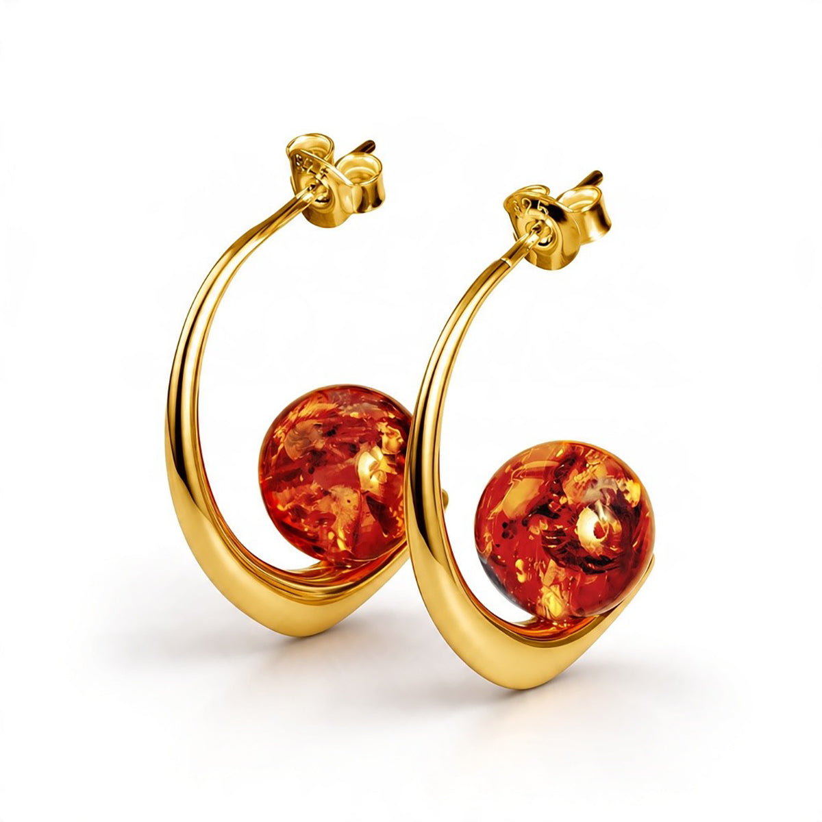Single Stone Sphere Hoops Silver and Amber