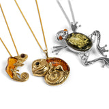 Chameleon Necklace in Sterling Silver with 24ct Gold & Amber