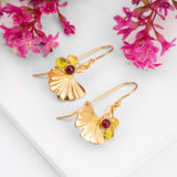 Ginkgo Flower Hook Earrings in Silver & 24ct Gold with Garnet, Peridot & Citrine