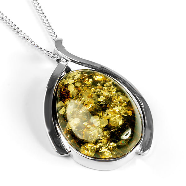 Perfect Green Amber and Silver Necklace - Natural Designer Gemstone