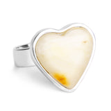 Lunar Flame: Rare Natural Milky Baltic Amber Heart Ring in Silver