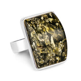 Handmade BOLD Contemporary Green Amber Ring in Silver