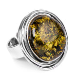 Handmade Green Baltic Amber and Silver Ring in Silver