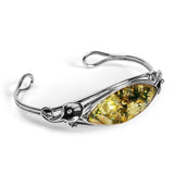 Handmade Statement Lily Motif Bracelet in Silver and Green Baltic Amber
