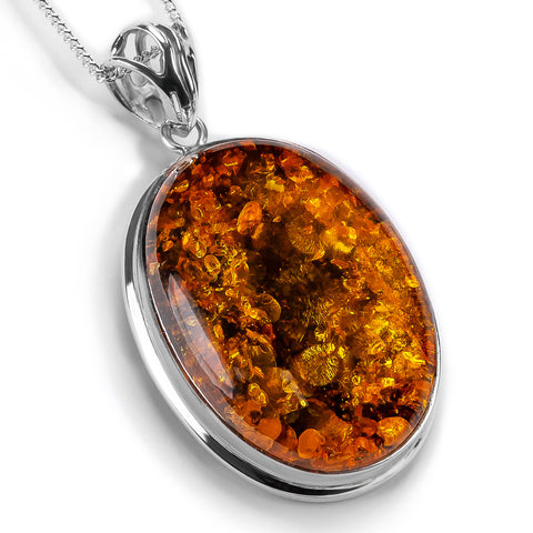 Oval Shaped Baltic Amber and Silver Necklace - Natural Designer Gemstone