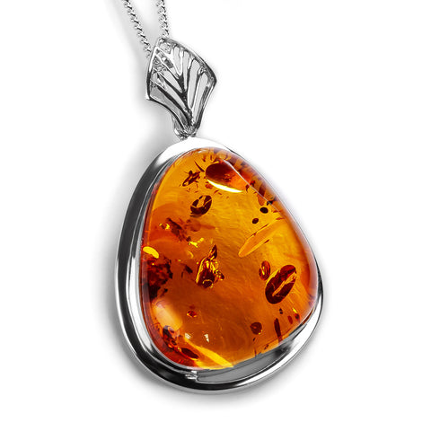 Intricate Baltic Amber and Silver Necklace - Natural Designer Gemstone