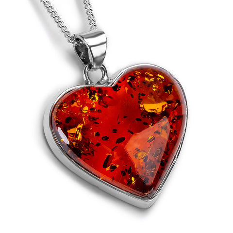Heart Shape Cognac Amber and Silver Necklace - Natural Designer Gemstone