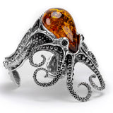 Handmade Striking Octopus Bangle in Silver and Amber