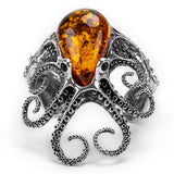 Handmade Striking Octopus Bangle in Silver and Amber