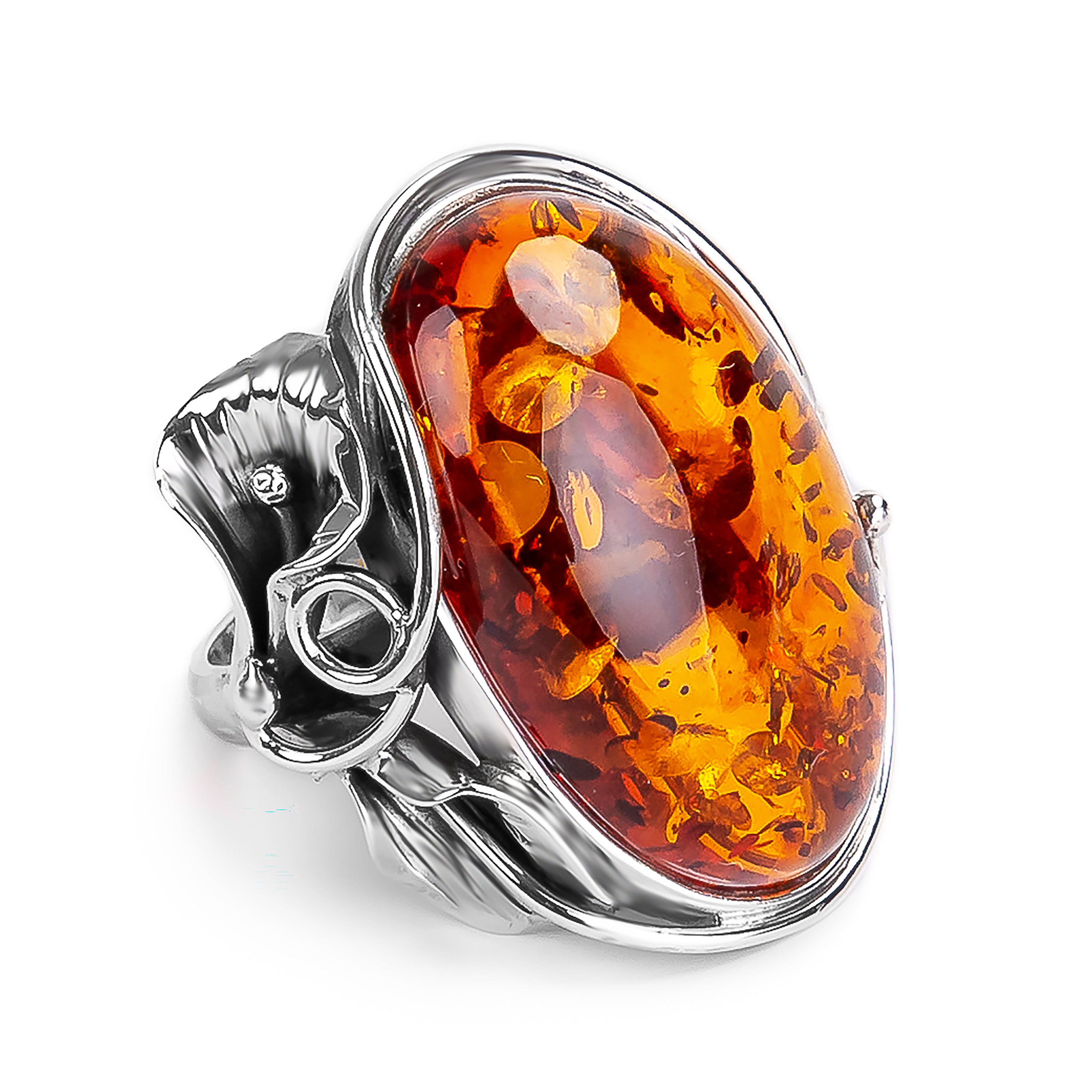Handmade Green Baltic Amber and Silver Ring - Natural Designer Gemstone