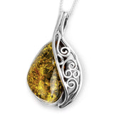 Intricate & Ornate Green Amber and Silver Necklace - Natural Designer Gemstone
