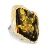Heavenly Green Baltic Amber and Silver Ring with 24ct Gold Plate - Natural Designer Gemstone