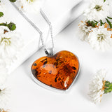 Heart Cognac Amber and Silver Necklace - Natural Designer Gemstone