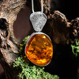 Intricate Baltic Amber and Silver Necklace - Natural Designer Gemstone