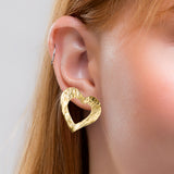 Statement Textured Open Heart Stud Earrings in Silver with 24ct Gold