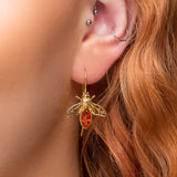 Honey Bee Hook Earrings in Silver with 24ct Gold & Amber