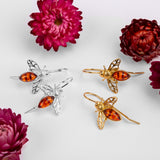 Honey Bee Hook Earrings in Silver with 24ct Gold & Amber