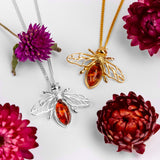 Striped Honey Bee / Bumblebee Necklace in Silver with 24ct Gold & Amber