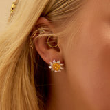 Sunflower Stud Earrings in Silver and Yellow Amber