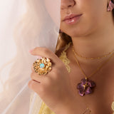 Ethereal Flower Statement Ring with Natural Ethiopian Opal, Silver & Gold