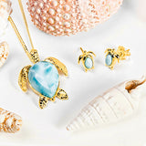 Turtle Stud Earrings in Silver with 24ct Gold & Larimar