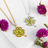Lucky Four Leaf Clover Necklace in Silver & Peridot