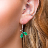 Simple Olive Leaf Branch Hook Earrings in Silver and Green Onyx