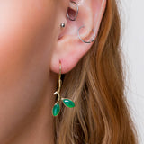Simple Olive Leaf Branch Hook Earrings in Silver with 24ct Gold & Green Onyx