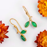 Simple Olive Leaf Branch Hook Earrings in Silver with 24ct Gold & Green Onyx