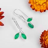 Simple Olive Leaf Branch Hook Earrings in Silver and Green Onyx