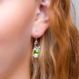 Leaf Motif Hook Earrings in Silver & Peridot