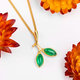 Simple Olive Leaf Branch Necklace in Silver with 24ct Gold & Green Onyx